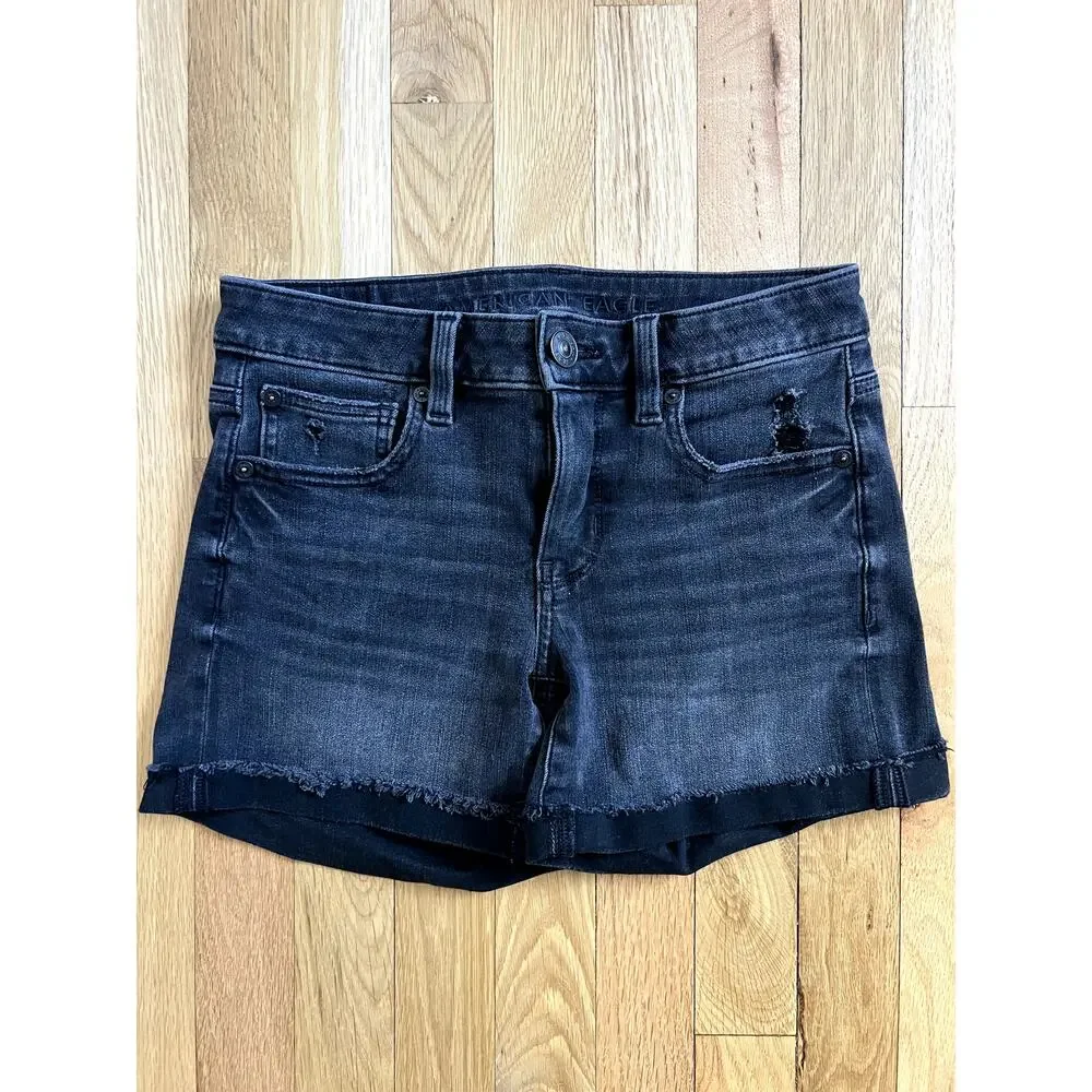 American Eagle Outfitters Black Denim Jean Cutoff Shorts Raw Hem Teen (size 2)
